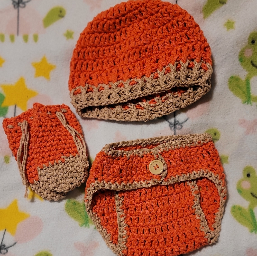 Crocheted baby name, diaper cover and mittens for newborn
